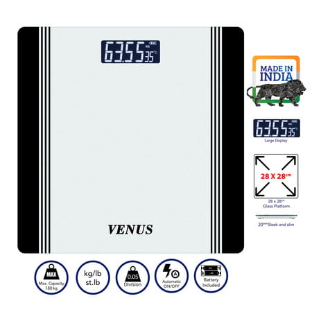 Venus (India) Electronic Digital Personal Bathroom Weight Machine | Upto 180kg | Eps-1199-New-Black