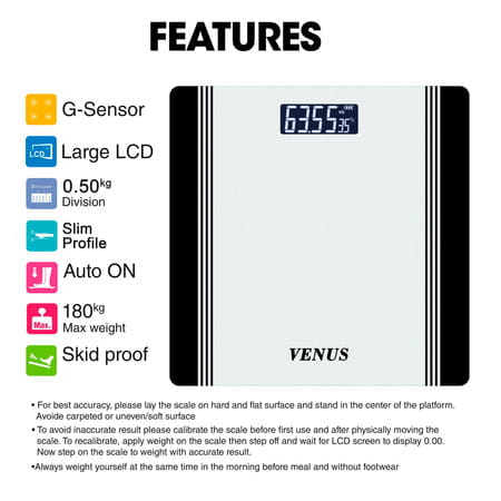 Venus (India) Electronic Digital Personal Bathroom Weight Machine | Upto 180kg | Eps-1199-New-Black