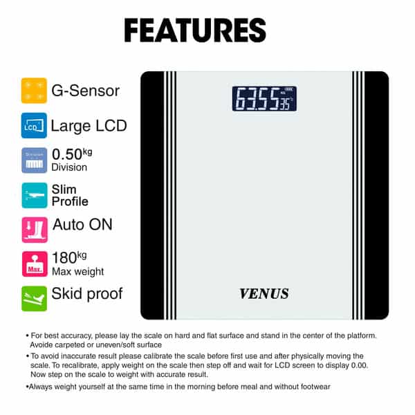 Venus (India) Electronic Digital Personal Bathroom Weight Machine | Upto 180Kg | Eps-1199-New-Black