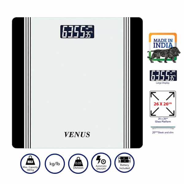 Venus (India) Electronic Digital Personal Bathroom Weight Machine | Upto 180Kg | Eps-1199-New-Black
