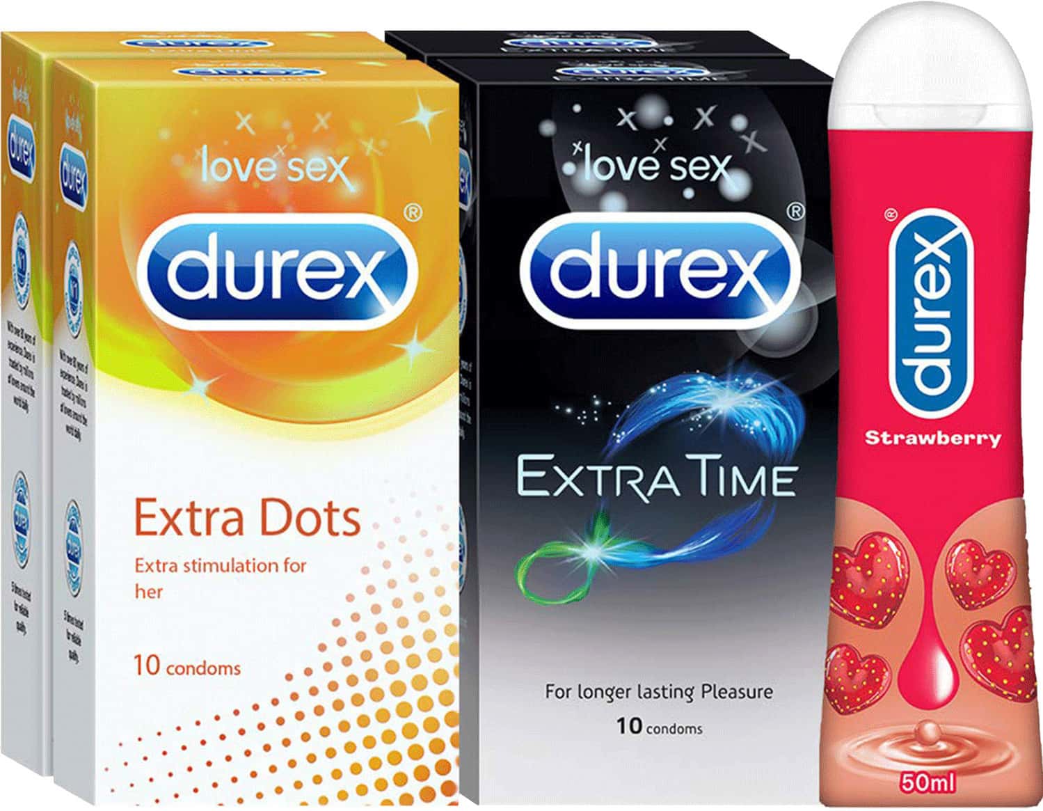 Durex Multipack Condoms Men-20count Each-extra Dotted-extra Time & Strawberry Lubricant Gel 50ml
