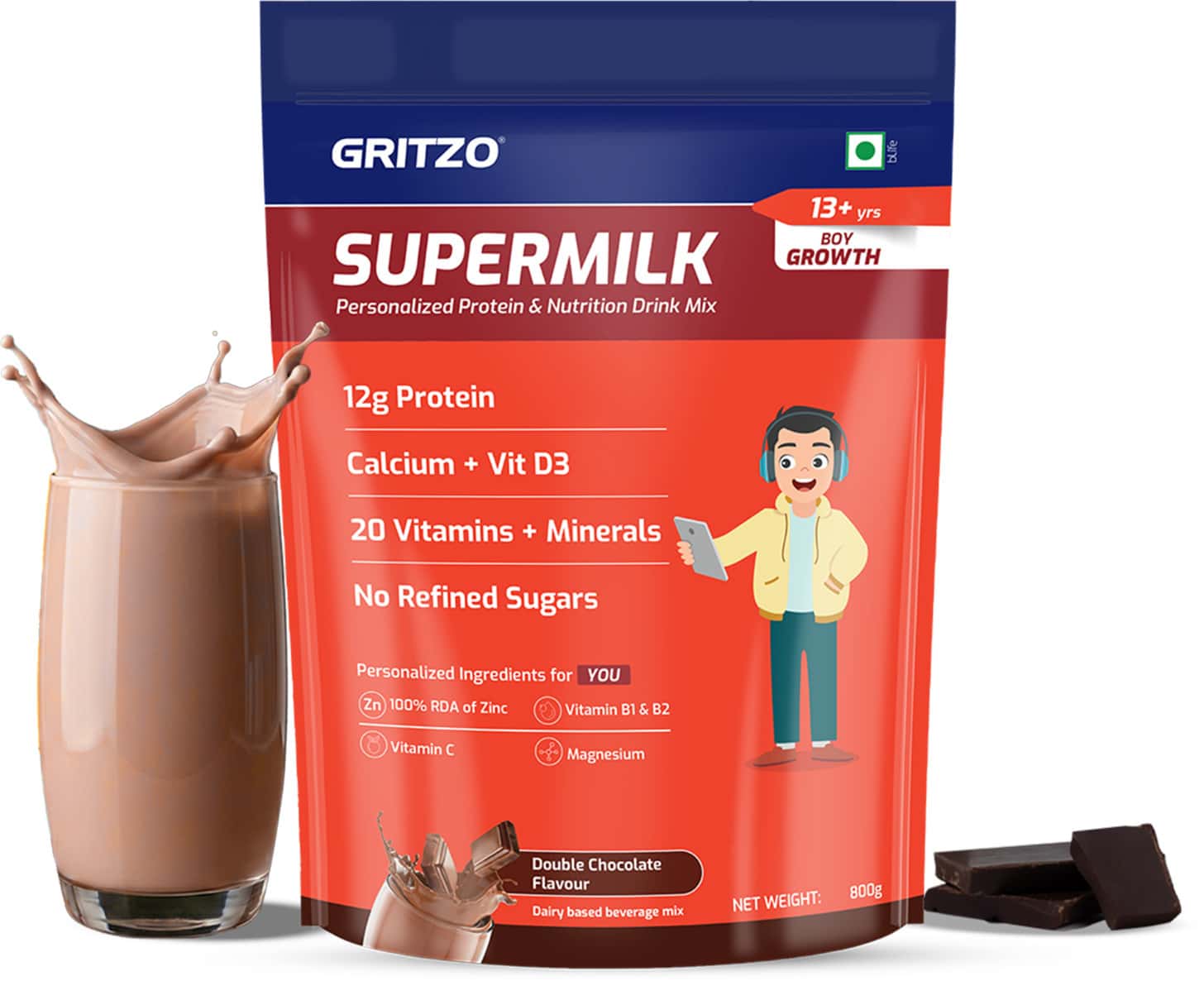 Gritzo Supermilk Growth (13+ Boy) | Double Chocolate | 800g | 12g Protein With 20 Vitamins & Mineral