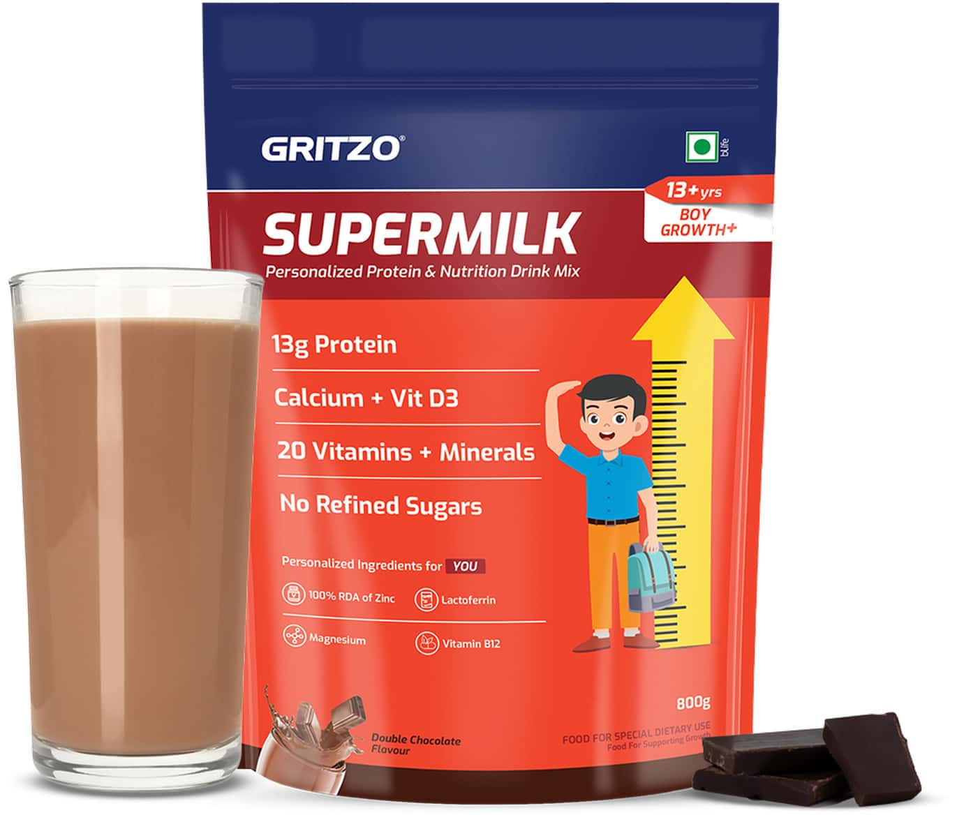 Gritzo Supermilk Growth+ (13+y Boys) | 13g Protein Powder (double Chocolate | 800g)
