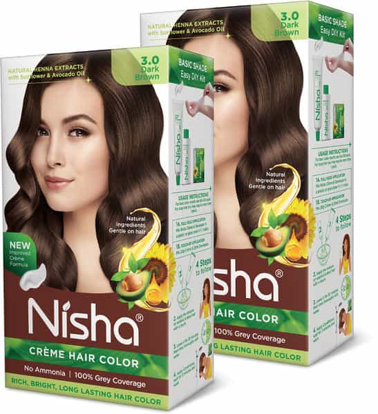 Nisha Creme Hair Color 3.0 Dark Brown 120Gm Pack Of 2 | Ammonia Free Permanent Hair Colour