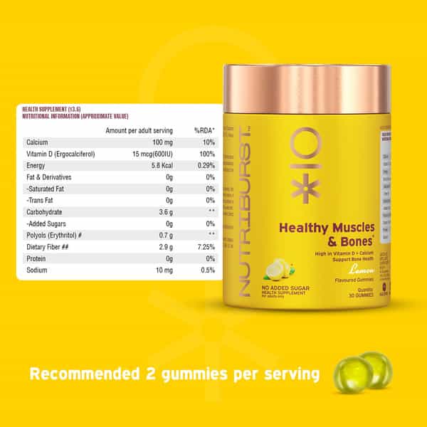 Nutriburst Healthy Muscles & Bones Gummies With Vitamin D & Calcium (30 Gummies)(Lemon Flavor)