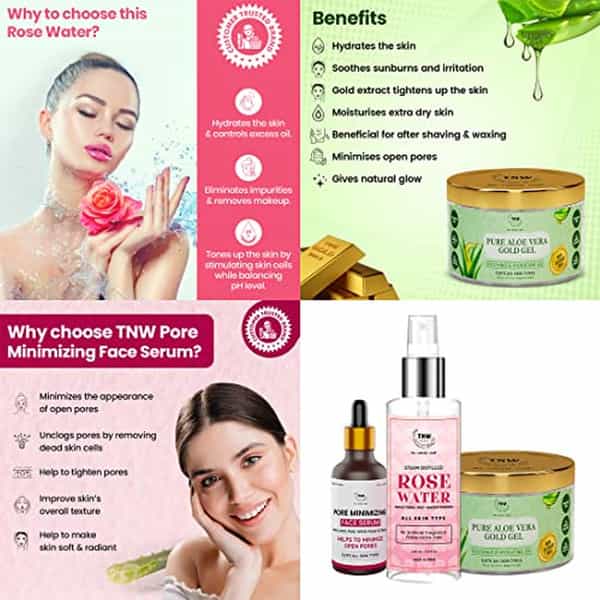 Tnw The Natural Wash Skincare Combo Of 3 With Pure Aloe Vera Gold Gel | Rose Water & Face Serum