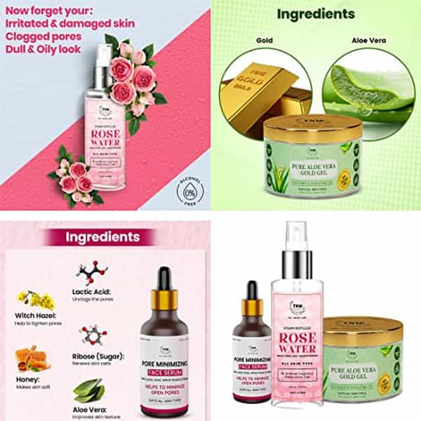 Tnw The Natural Wash Skincare Combo Of 3 With Pure Aloe Vera Gold Gel | Rose Water & Face Serum
