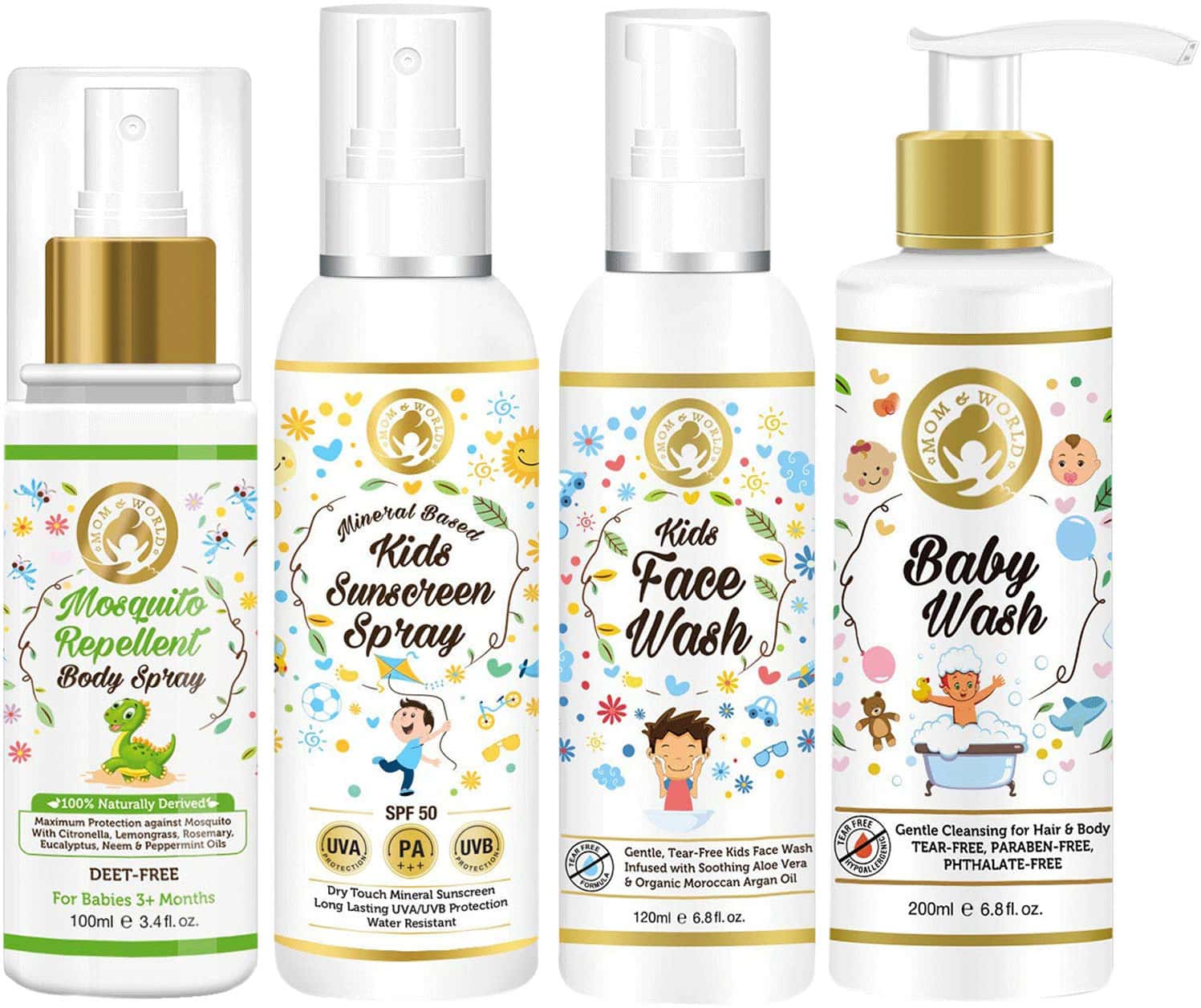 Mom & World Kids Care - Body Spray + Kids Sunscreen + Kids Face Wash + Baby Wash
