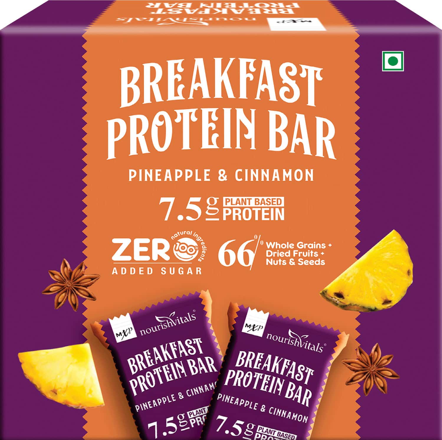 Nourishvitals Breakfast Protein Bar Pineapple & Cinnamon No Added Sugar Or Artificial Flavors 275g