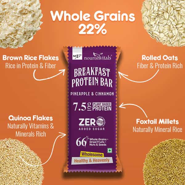 Nourishvitals Breakfast Protein Bar Pineapple & Cinnamon No Added Sugar Or Artificial Flavors 275G