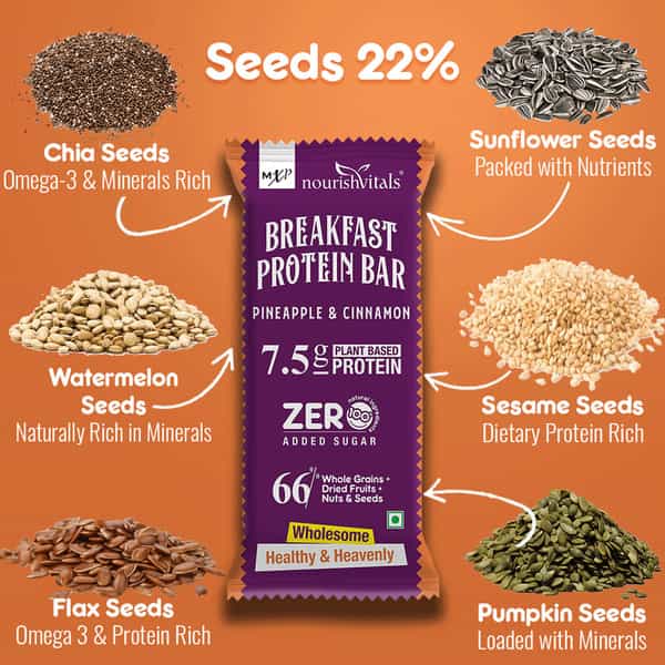 Nourishvitals Breakfast Protein Bar Pineapple & Cinnamon No Added Sugar Or Artificial Flavors 275G