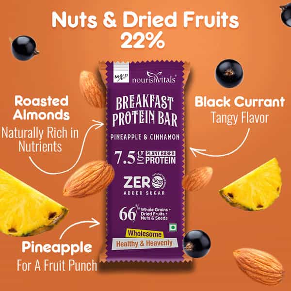 Nourishvitals Breakfast Protein Bar Pineapple & Cinnamon No Added Sugar Or Artificial Flavors 275G