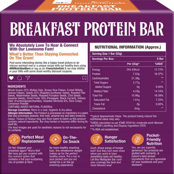 Nourishvitals Breakfast Protein Bar Pineapple & Cinnamon No Added Sugar Or Artificial Flavors 275G