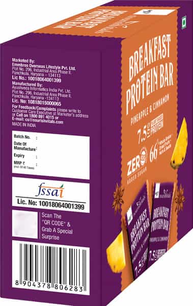 Nourishvitals Breakfast Protein Bar Pineapple & Cinnamon No Added Sugar Or Artificial Flavors 275G