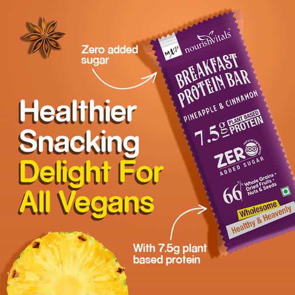 Nourishvitals Breakfast Protein Bar Pineapple & Cinnamon No Added Sugar Or Artificial Flavors 275G