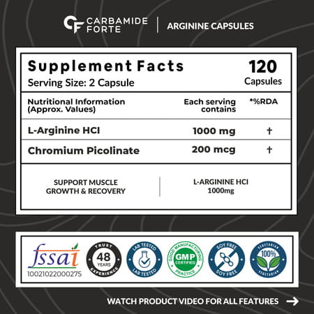 Carbamide Forte L-Arginine | Creatine 1000mg Supplement For Adults Per Serving - Capsules 120 Count