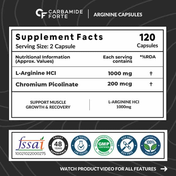Carbamide Forte L-Arginine | Creatine 1000Mg Supplement For Adults Per Serving - Capsules 120 Count