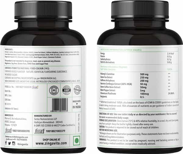 Zingavita Garcinia Cambogia Weight Loss Supplement Sugar Free 60 Veg Tablets