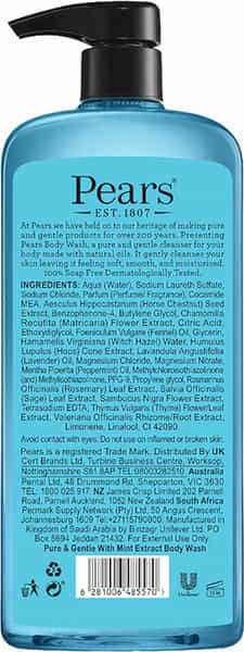 Pears Pure & Gentle Mint Extracts Body Wash | 100% Soap Free | 750Ml (Free Loofah)