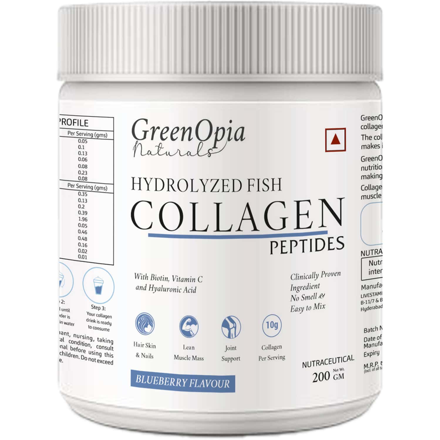 Greenopia Hydrolyzed Fish Type I & Ii Marine Collagen Peptides Powder | Blueberry Flavour - 200g