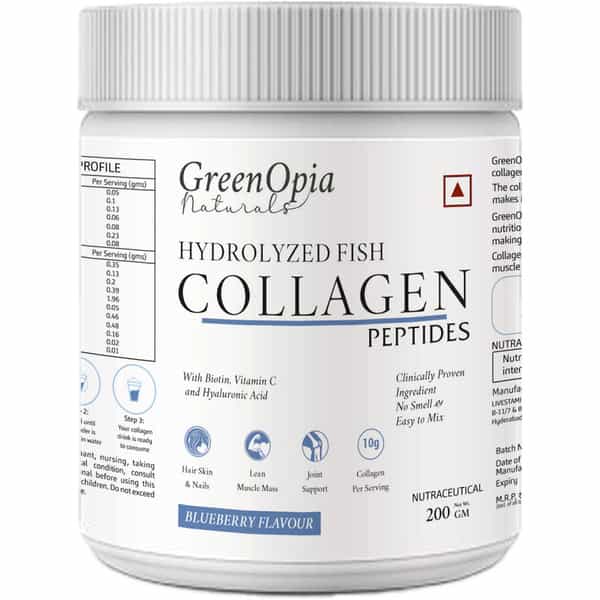 Greenopia Hydrolyzed Fish Type I & Ii Marine Collagen Peptides Powder | Blueberry Flavour - 200G