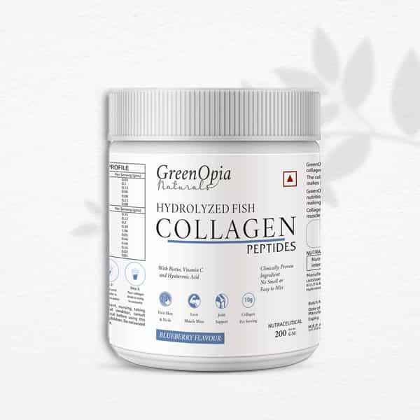 Greenopia Hydrolyzed Fish Type I & Ii Marine Collagen Peptides Powder | Blueberry Flavour - 200G