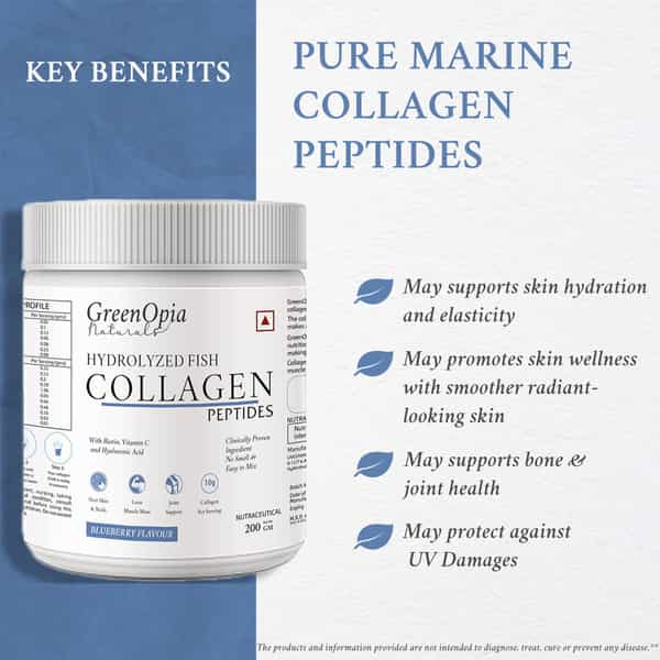 Greenopia Hydrolyzed Fish Type I & Ii Marine Collagen Peptides Powder | Blueberry Flavour - 200G