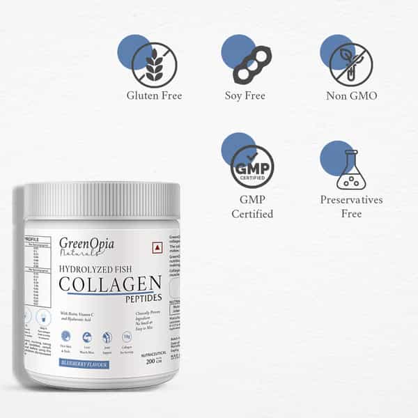 Greenopia Hydrolyzed Fish Type I & Ii Marine Collagen Peptides Powder | Blueberry Flavour - 200G