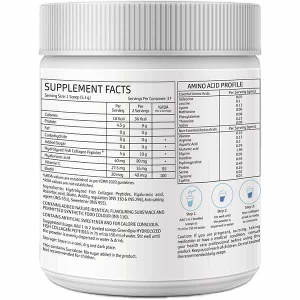 Greenopia Hydrolyzed Fish Type I & Ii Marine Collagen Peptides Powder | Blueberry Flavour - 200G