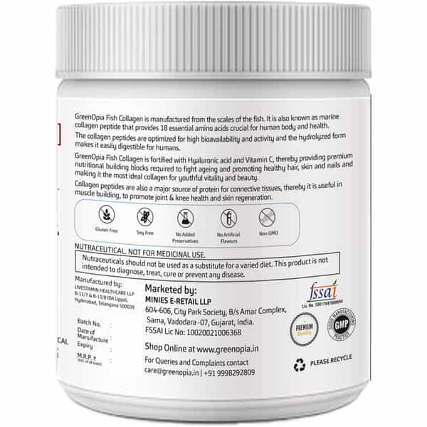 Greenopia Hydrolyzed Fish Type I & Ii Marine Collagen Peptides Powder | Blueberry Flavour - 200G