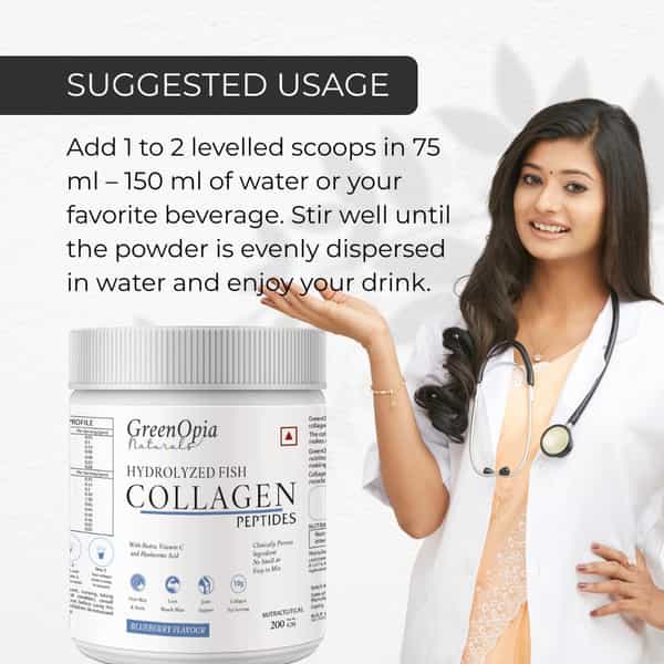 Greenopia Hydrolyzed Fish Type I & Ii Marine Collagen Peptides Powder | Blueberry Flavour - 200G