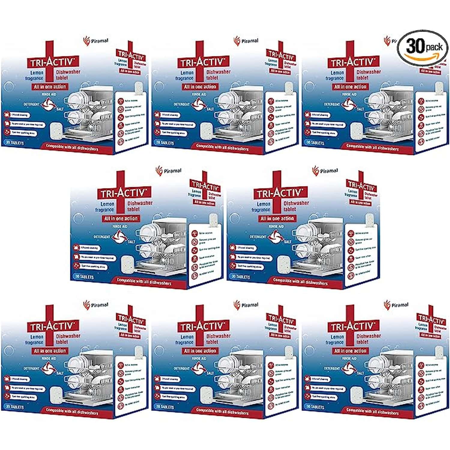 Tri-Activ All-In-One Dishwasher Tablet By Piramal I 30 Units I Lemon Fresh Fragrance (Pack Of 8)
