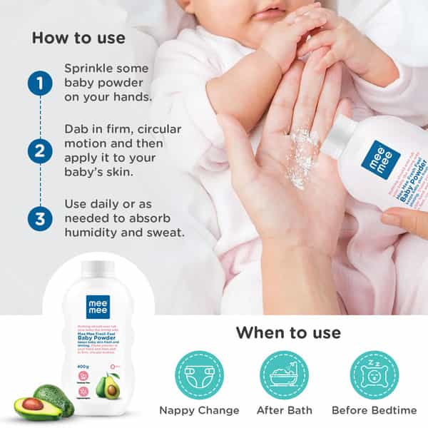 Mee Mee Baby Talcum Powder | Rash-Resistant | Paraben-Free | Ideal For Newborns | 400G (Pack Of 2)