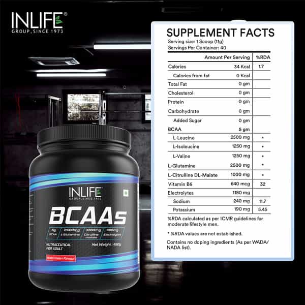 Inlife Bcaa Supplement 7G Amino Acids Instantized For Pre Post&Intra Drink Workout(Watermelon 450G)