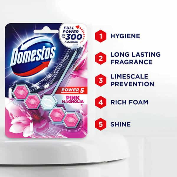 Domestos Toilet Rim Block Pink Magnolia Gives Long Lasting Fragrance And Removes Limescales 55G
