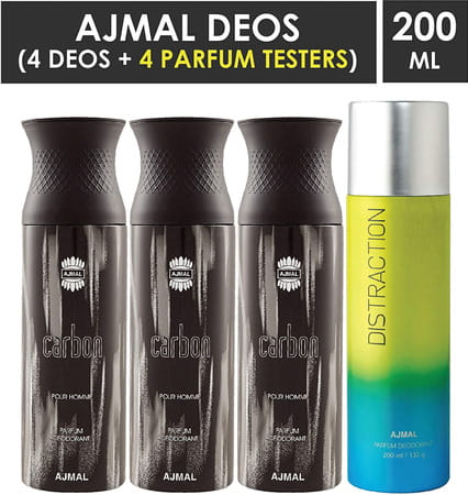 Ajmal 3 Carbon For Men And 1 Distraction For Unisex Deodorants Each 200Ml Combo Pack Of 4