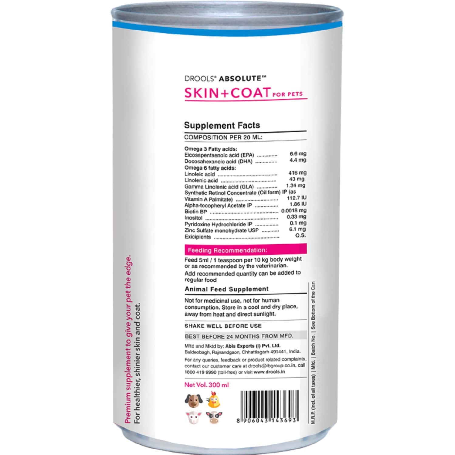 Buy DROOLS ABSOLUTE SKIN & COAT SYRUP DOG SUPPLEMENT 300ML Online