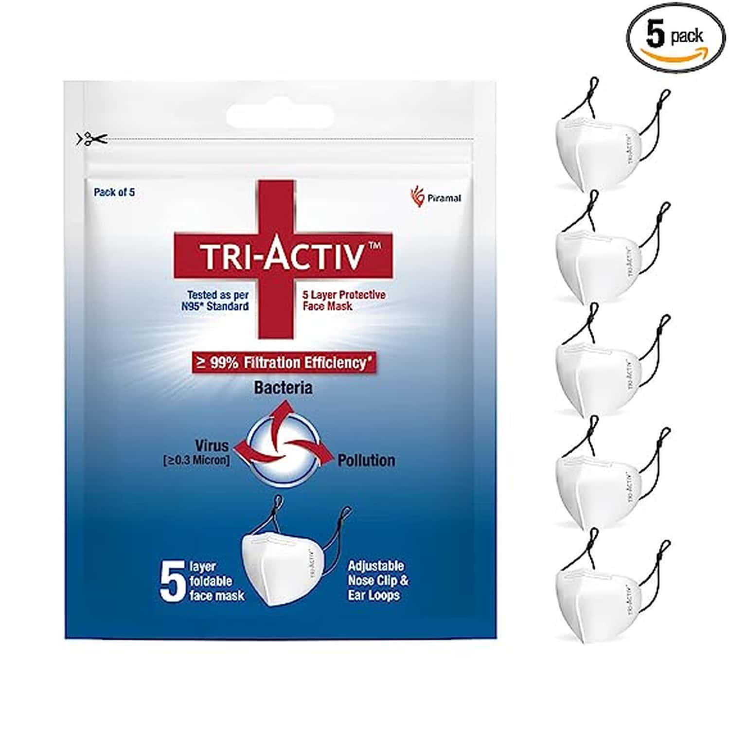 Tri-Activ 5 Layer Protective Face Masks/Tested As Per N95 Standard Pack Of 5