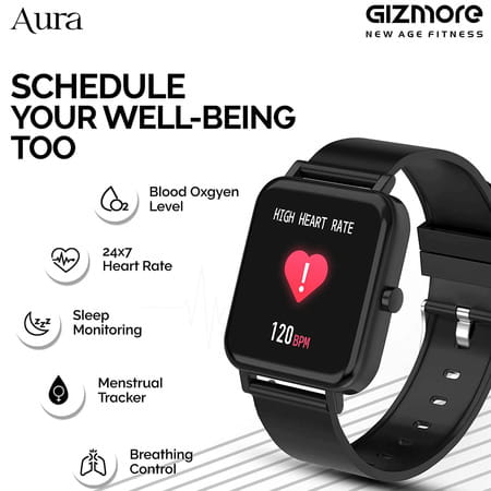 Gizmore Aura Smartwatch -1.4" Touch Display. Heart Rate Spo2 Monitoring & Water Resistance(Black)