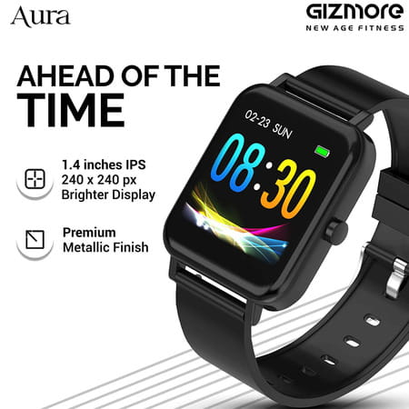 Gizmore Aura Smartwatch -1.4" Touch Display. Heart Rate Spo2 Monitoring & Water Resistance(Black)