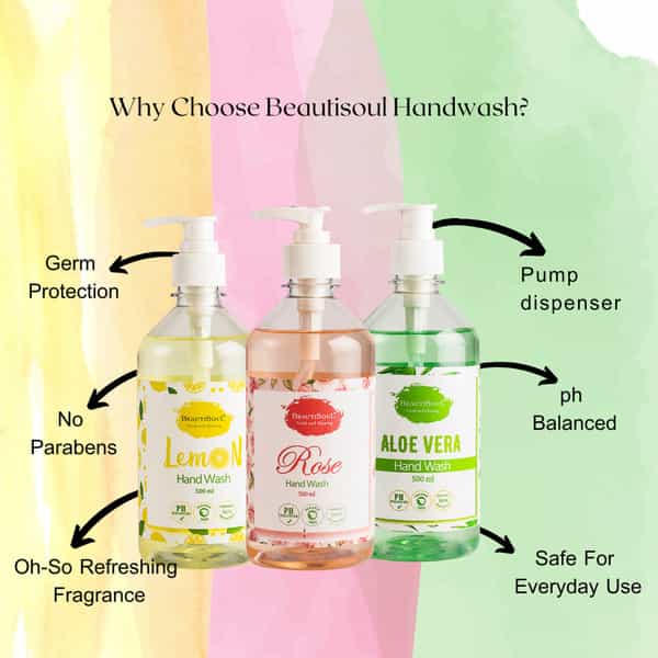 Beautisoul Rose Handwash & Beautisoul Aloe Vera Handwash|Ph Balanced|Made In India (500Ml | 2 Pacls)