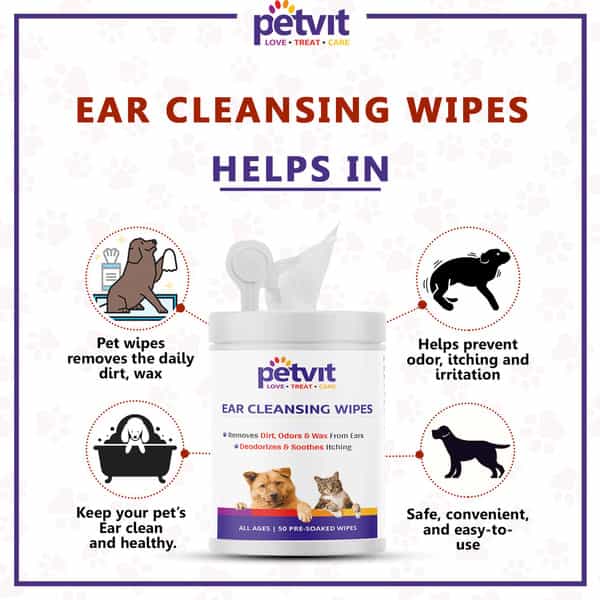 Petvit Ear Cleansing Wipes For Dogs And Cats To Remove Odors & Wax From Ear -50 Wipes | Pack Of 2