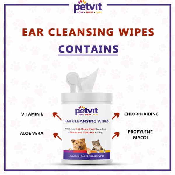 Petvit Ear Cleansing Wipes For Dogs And Cats To Remove Odors & Wax From Ear -50 Wipes | Pack Of 2