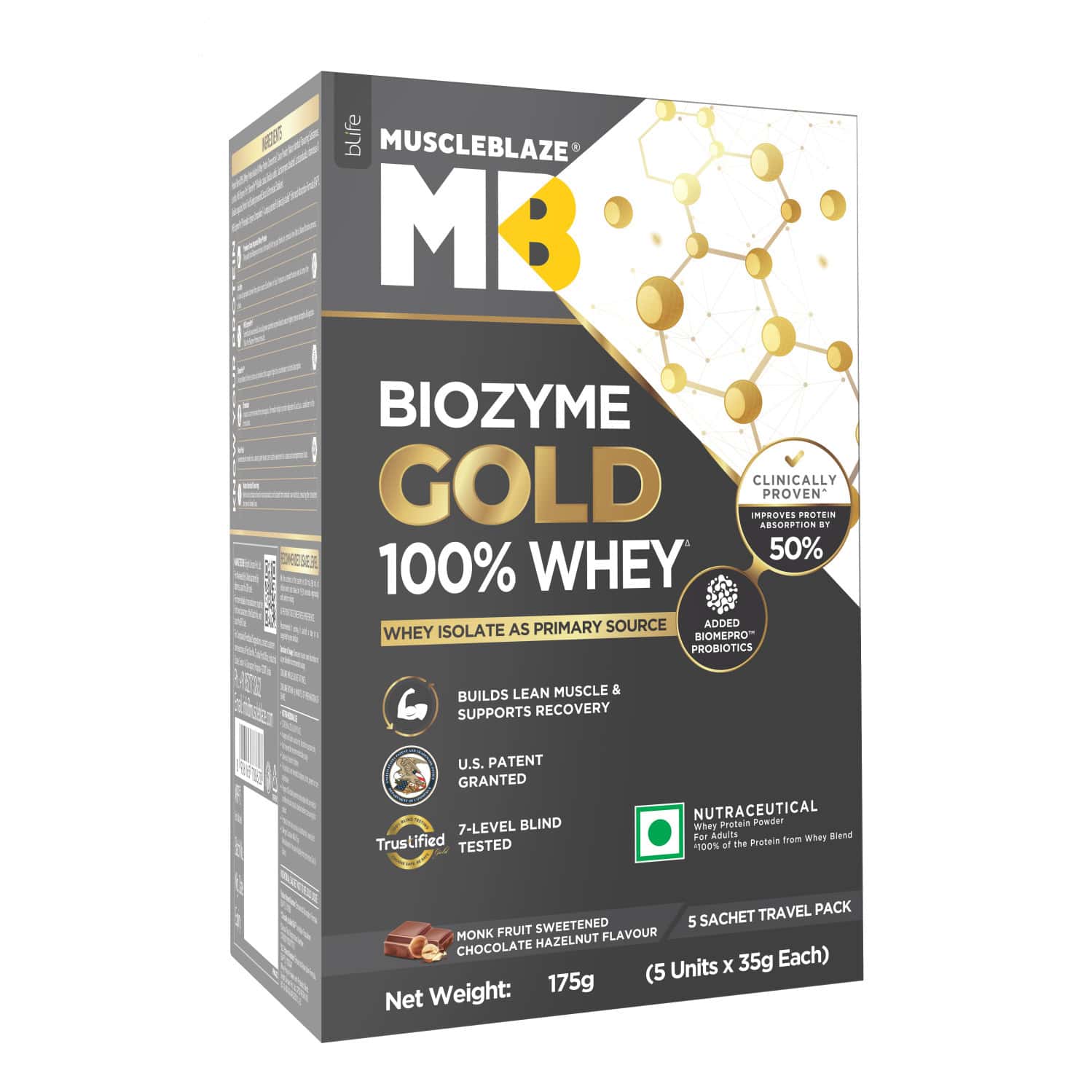 Muscleblaze Biozyme Gold Whey (choco Hazelnut | 5x35g) | Monk Fruit Sweetened