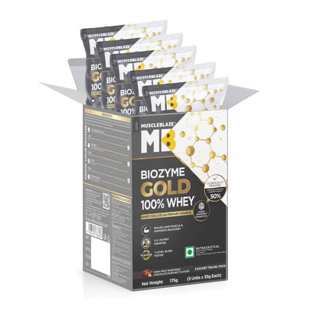 Muscleblaze Biozyme Gold Whey (Choco Hazelnut | 5x35g) | Monk Fruit Sweetened