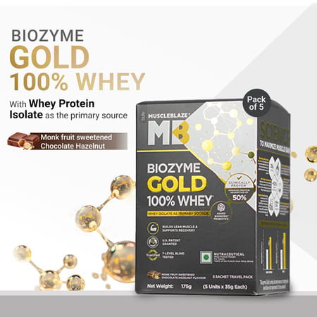 Muscleblaze Biozyme Gold Whey (Choco Hazelnut | 5x35g) | Monk Fruit Sweetened