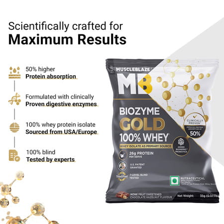 Muscleblaze Biozyme Gold Whey (Choco Hazelnut | 5x35g) | Monk Fruit Sweetened
