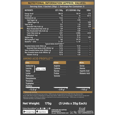 Muscleblaze Biozyme Gold Whey (Choco Hazelnut | 5x35g) | Monk Fruit Sweetened