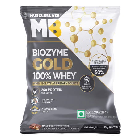 Muscleblaze Biozyme Gold Whey (Choco Hazelnut | 5x35g) | Monk Fruit Sweetened
