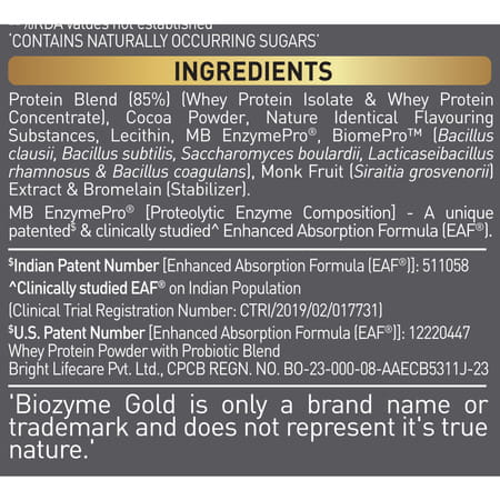 Muscleblaze Biozyme Gold Whey (Choco Hazelnut | 5x35g) | Monk Fruit Sweetened